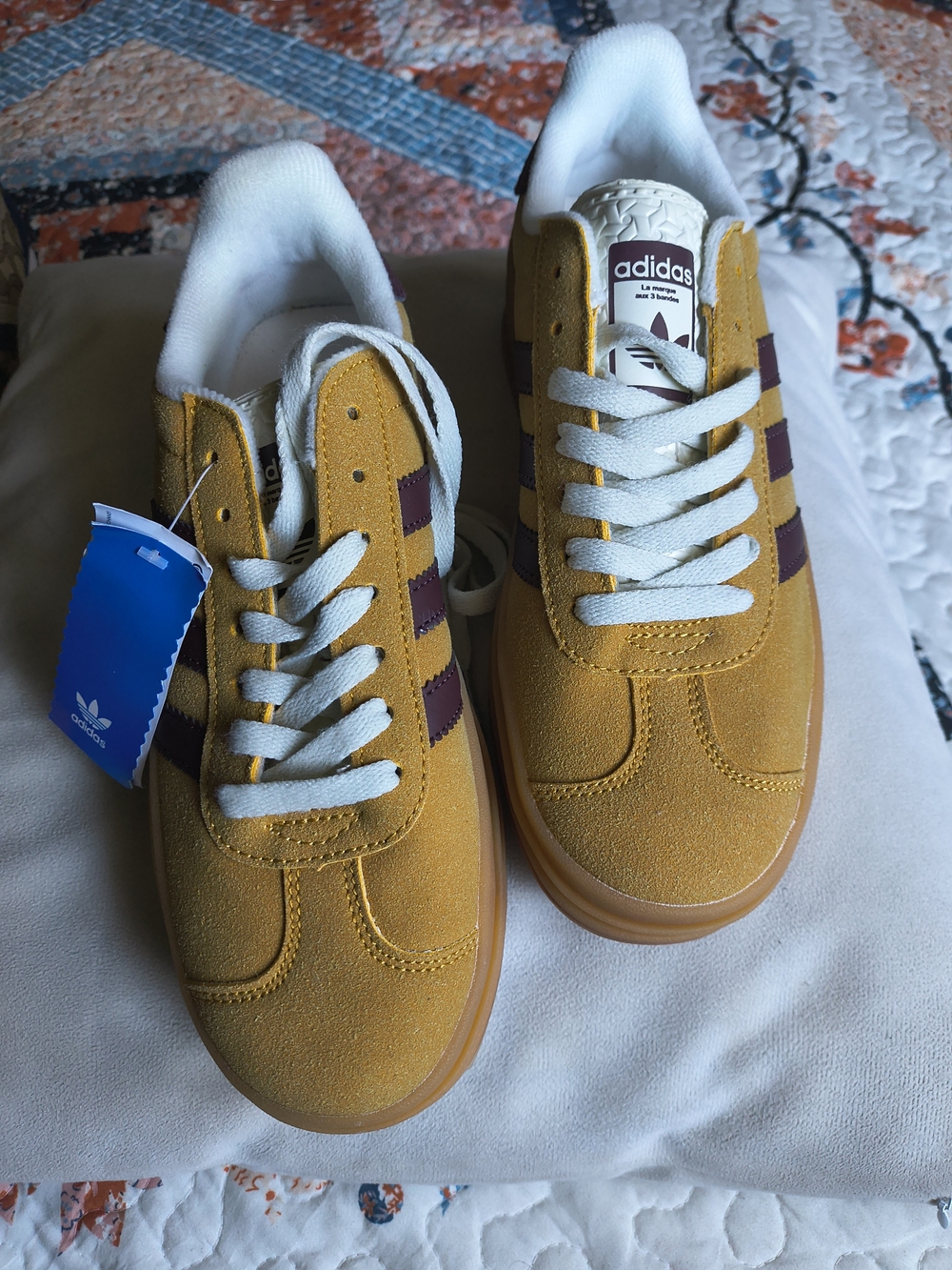 Adidas Suede Sneakers in Mustard Yellow with Maroon Stripes